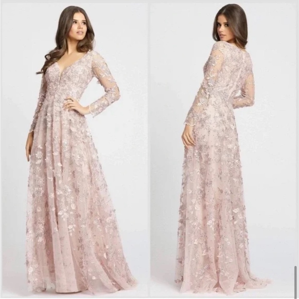 Mac Duggal Floral Applique Long Sleeve Illusion Formal Gown Dress Rose Pink 8